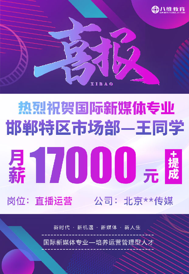 八維職業(yè)學(xué)校國(guó)際新媒體最近就業(yè)喜報(bào)來(lái)襲